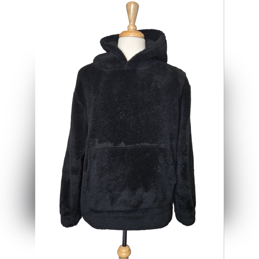 Plush Faux Fur Hoodie Black Cozy Teddy Oversized Lounge Pullover Clean‎ Girl
